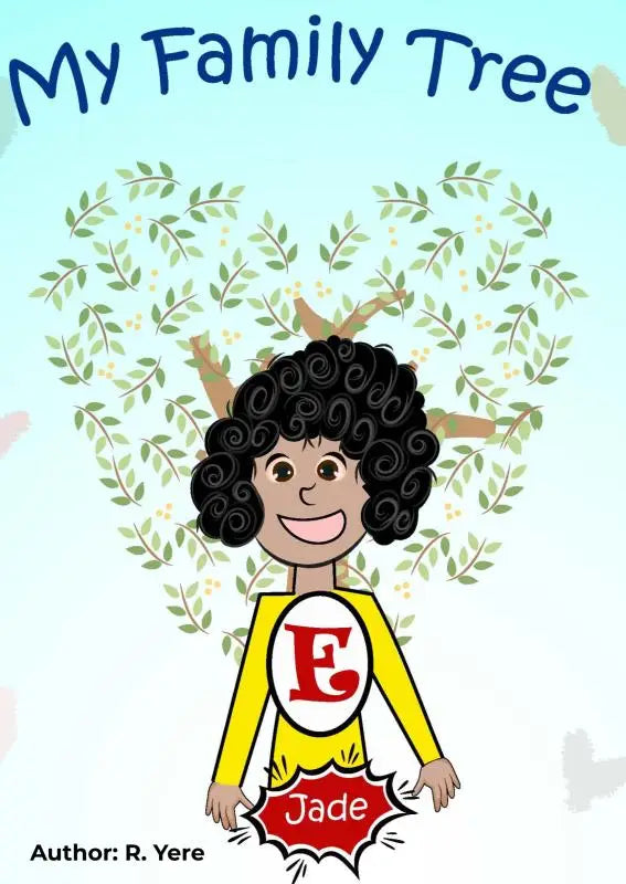Gele lange mouwen shirt met witte ovale patch en rode letter e en familie tree ontwerp jade tekst eronder
