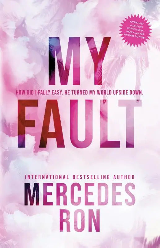 Pink en paarse verloop boekomslag met vette tekst my fault door mercedes ron nu een amazon prime original movie voor jonge lezers