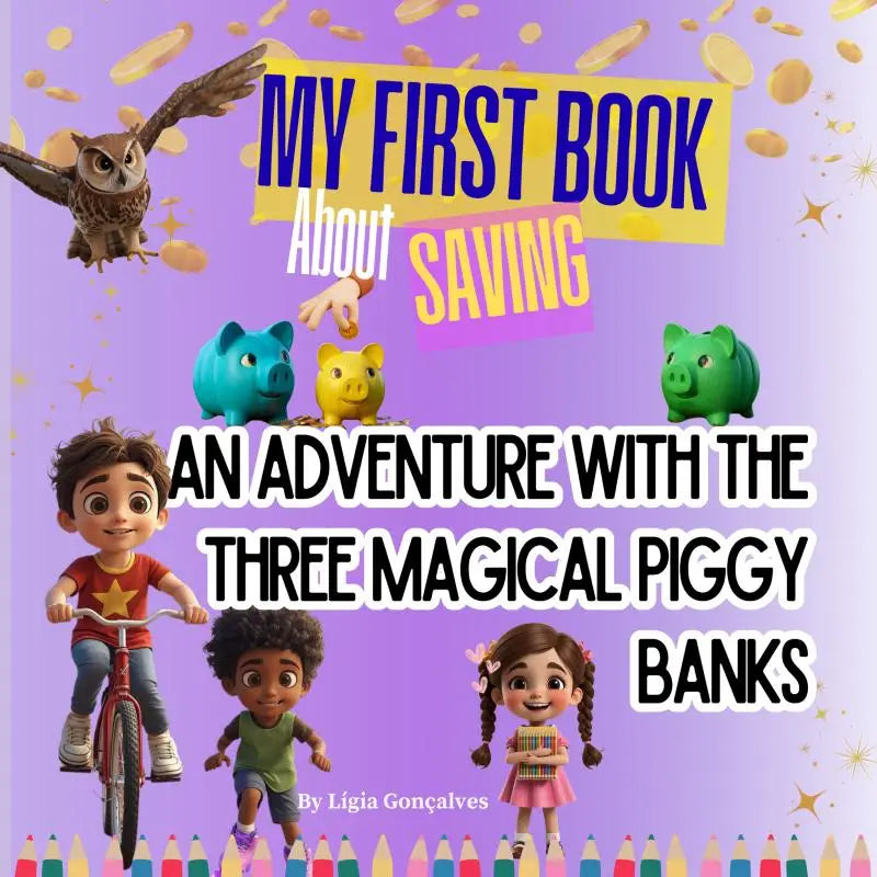 My first book about saving an adventure with the three magical piggy banks featuring blue yellow and green animated characters