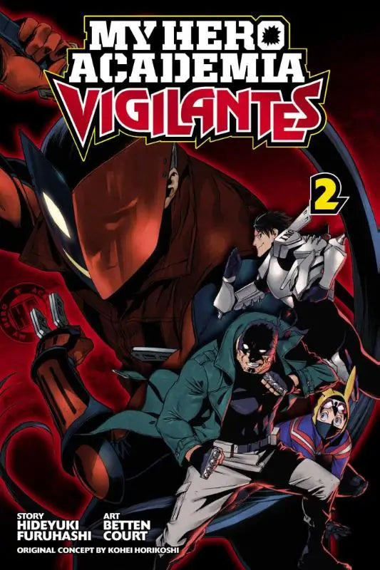 De cover van my hero academia vigilantes volume 2 manga met dynamische actiepersonages op een donkerrode achtergrond