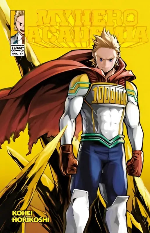 Levendige gele comic cover van my hero academia vol 17 met izuku midoriya in zijn witte en blauwe heldenpak