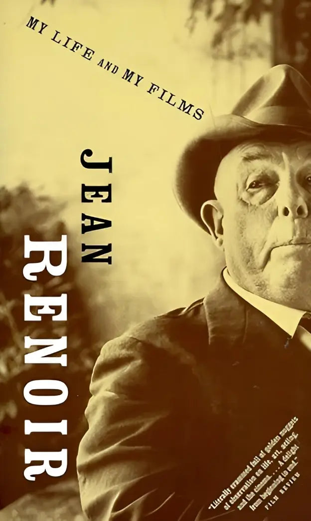 Sepia portret van jean renoir met fedora en pak op de omslag van het boek my life and my films