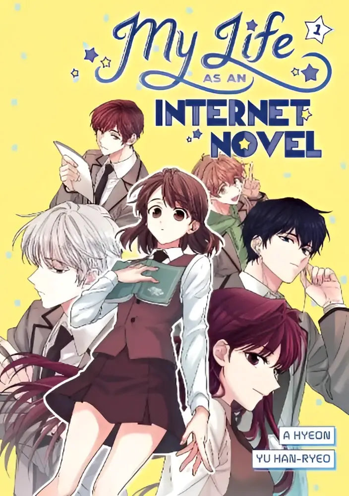 My life as an internet novel vol 1 manga cover met zes animepersonages in schooluniform op een gele achtergrond met sterrenmotief