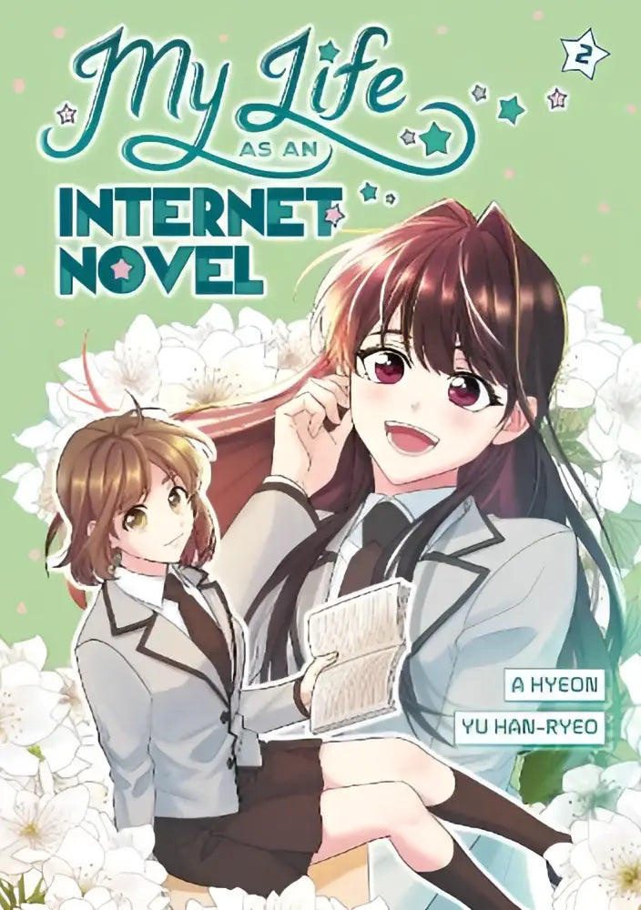 De cover van my life as an internet novel volume 2 toont twee anime meisjes in schooluniform voor witte bloemen