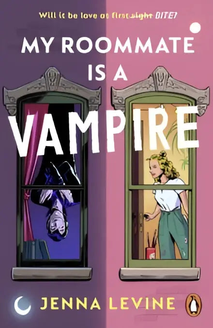 Boekcover van my roommate is a vampire door jenna levine met twee contrasterende ramen in paarse en groene tinten
