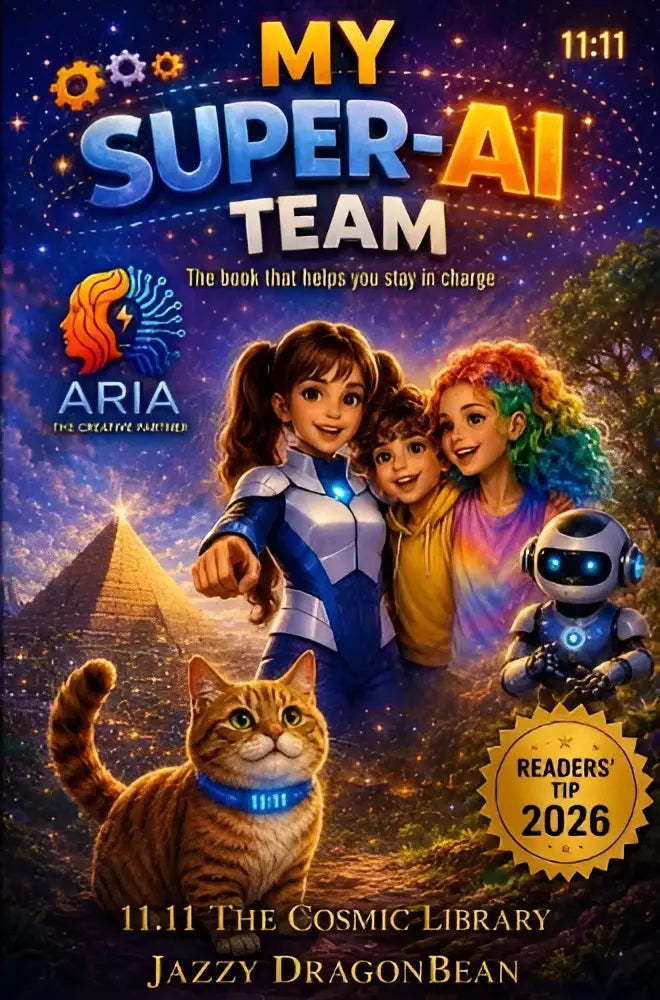 De cover van my super ai team toont kinderen in futuristische outfits met een robot tegen de cosmic library achtergrond