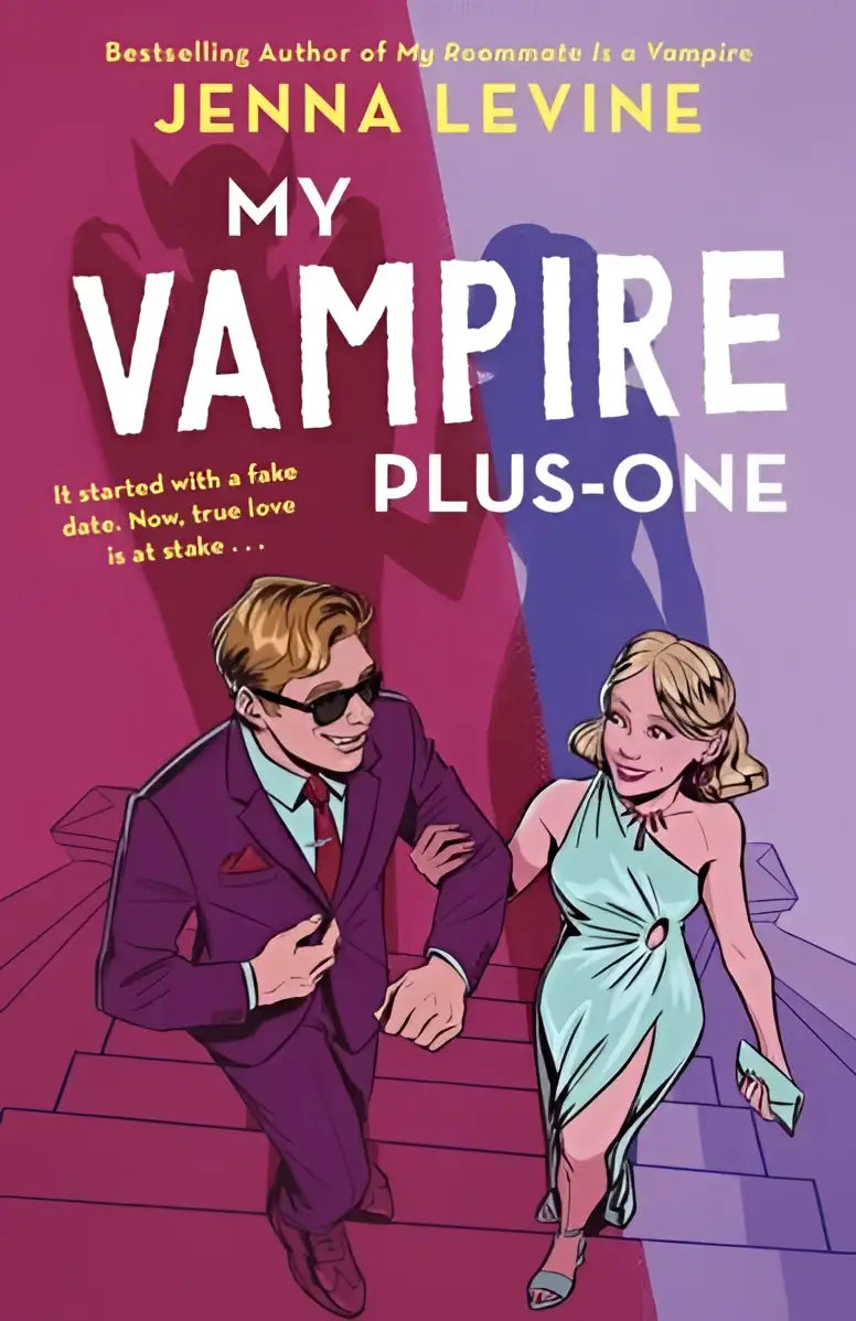 De boekomslag van my vampire plus-one door jenna levine toont een stijlvolle man in paars pak en vrouw in groen jurk