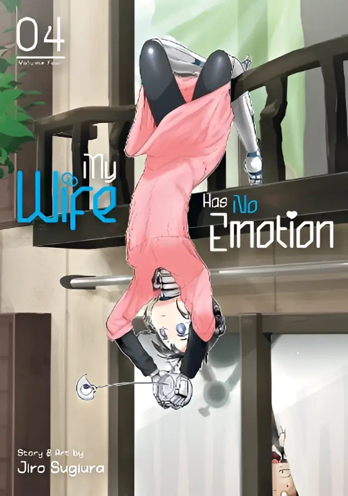 Robotisch figuur in roze en zwart hangt ondersteboven aan balkonreling in my wife has no emotion vol 4