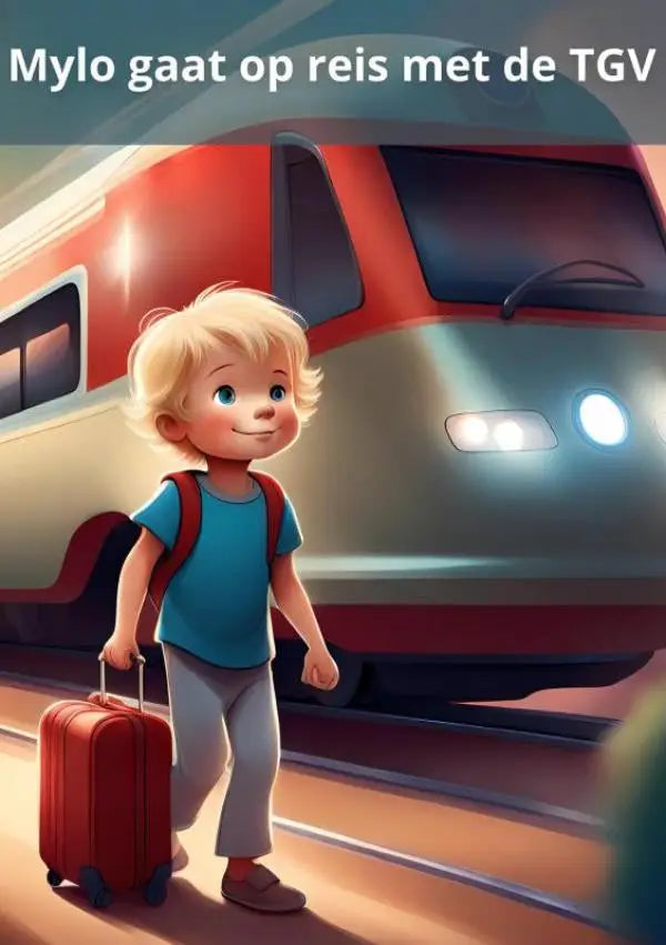 Rode rollende koffer met blauwe wielen voor jonge lezers in mylo gaat op reis met de tgv