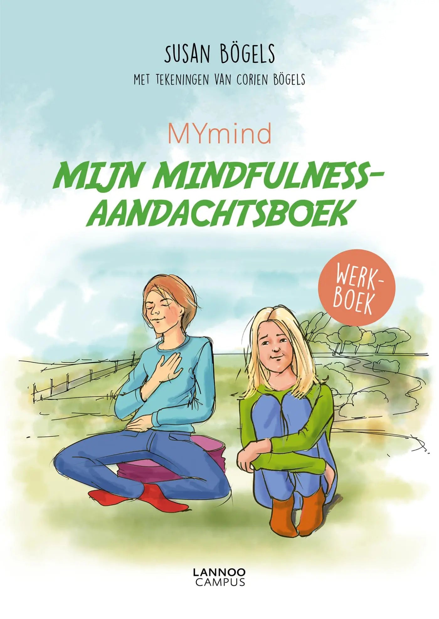 Mymind mindfulness-aandachtsboek met illustratie van twee vrouwen buiten op kleurrijke omslag door susan bögels