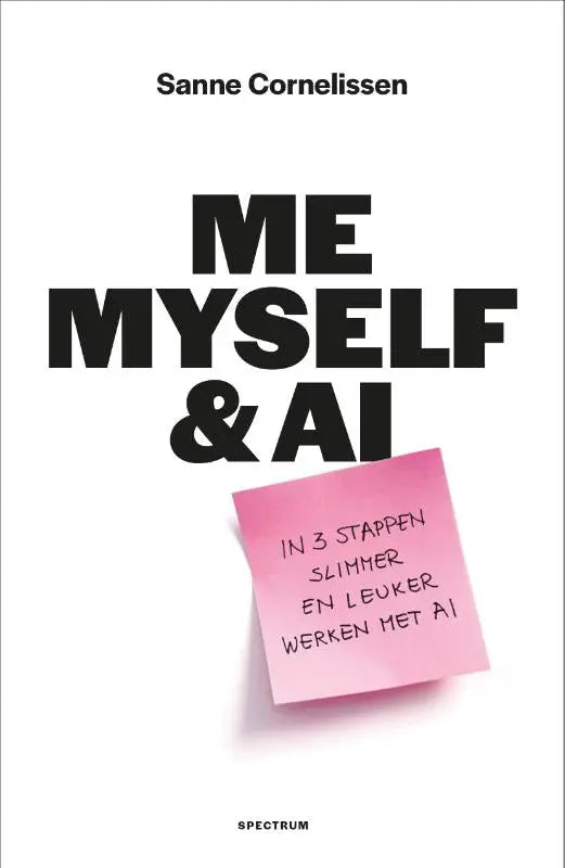 Roze plakbriefje met zwart handgeschreven tekst over het product me myself & ai
