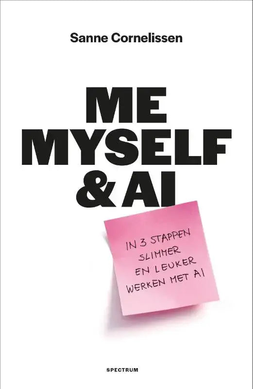 Roze plakbriefje met zwart handgeschreven tekst over het product me myself & ai
