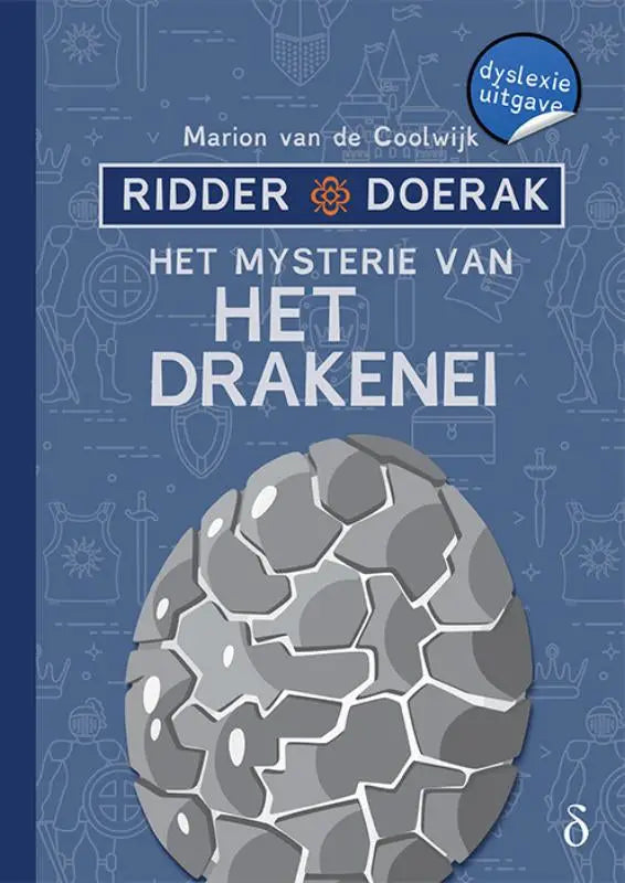 Illustratie van een grijs, getextureerd drakenei op een blauwe boekomslag van het mysterie van het drakenei serie ridder doerak