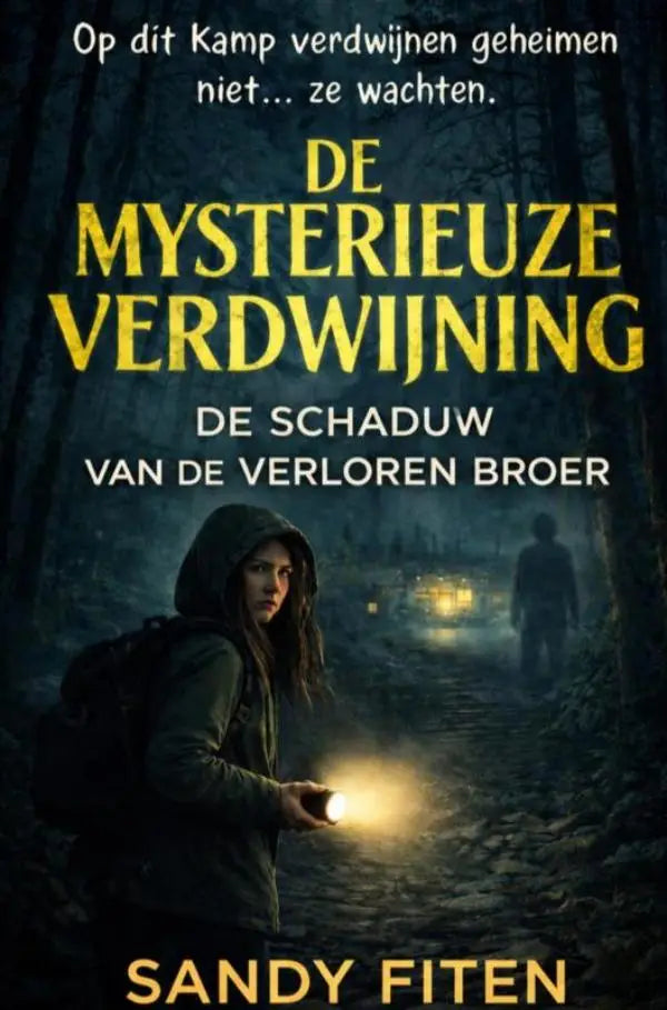 Boekcover van De mysterieuze verdwijning toont een meisje met felle zaklamp in donkere bossen bij de verloren broer