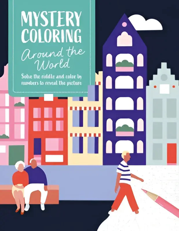 Mystery coloring around the world boek met kleurrijke gebouwen en mensen om het riddle and color spel te spelen