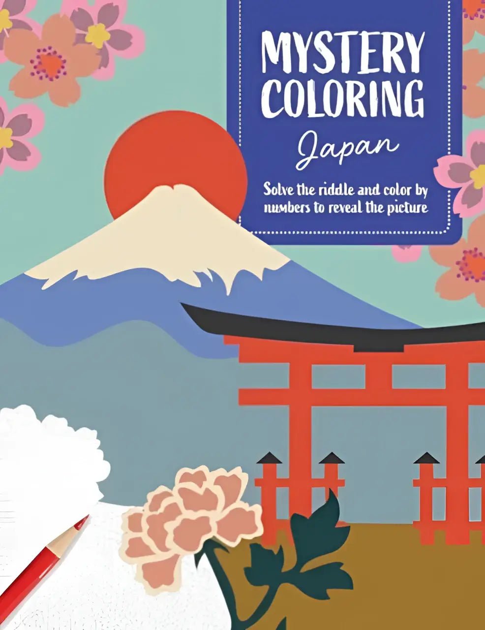 Mystery coloring japan kleurboek met pastel illustratie van mount fuji, rode torii en kersenbloesem om het raadsel op te lossen