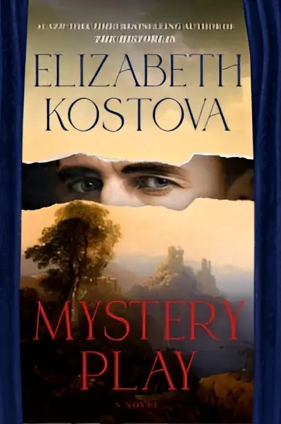 De boekomslag van mystery play een roman door elizabeth kostova toont de titel in rode letters tegen een sfeervol landschap