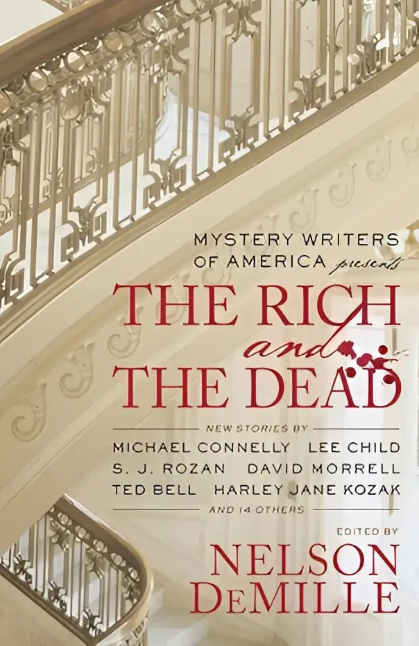 Boek the rich and the dead van nelson demille met een sierlijke goudkleurige trap op de voorkant in mystery writers of america