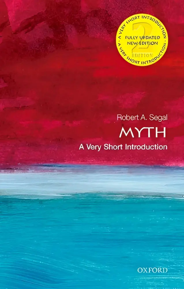 De boekomslag van myth door robert a toont een rood en turkoois abstract ontwerp voor een very short introduction