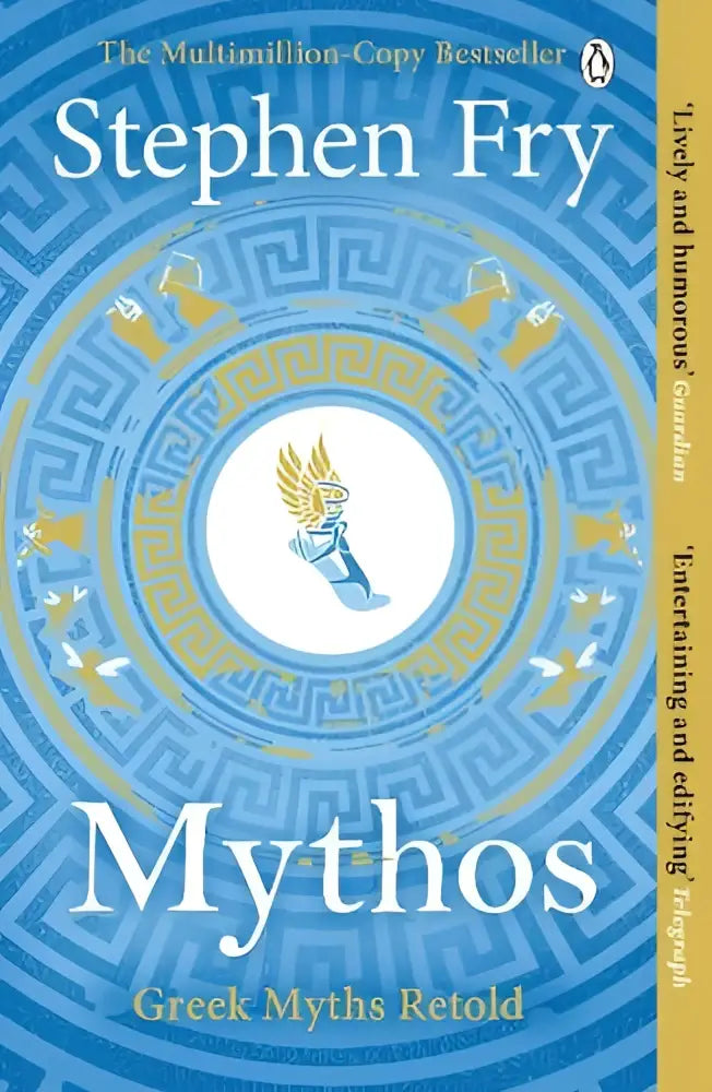 Blauwe mythos boekcover met centraal wit cirkel en gouden gevleugeld figuur rondom geometrische patronen griekse goden