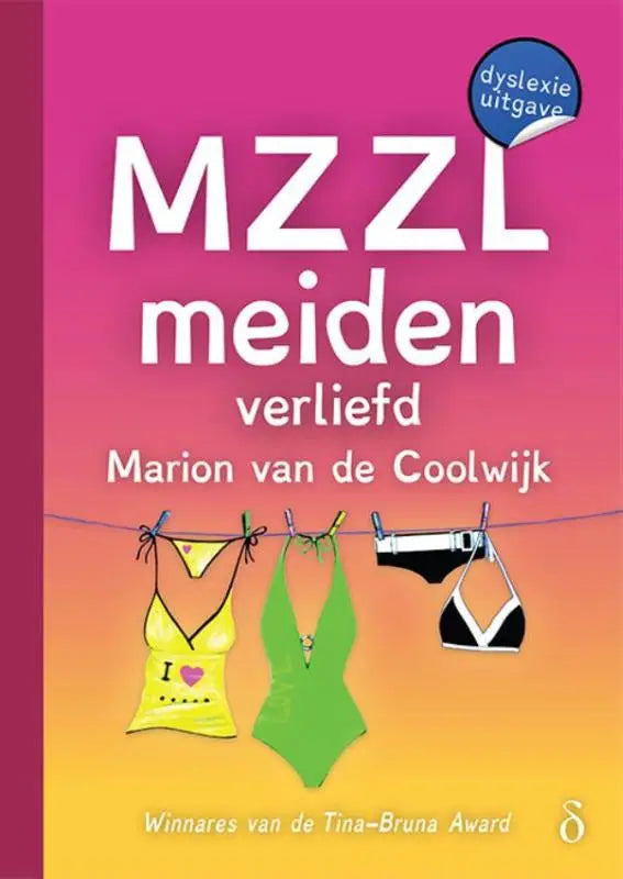 The book cover of mzzl meiden deel 4 features a pink and yellow gradient with three illustrated bikinis in yellow, green, and black