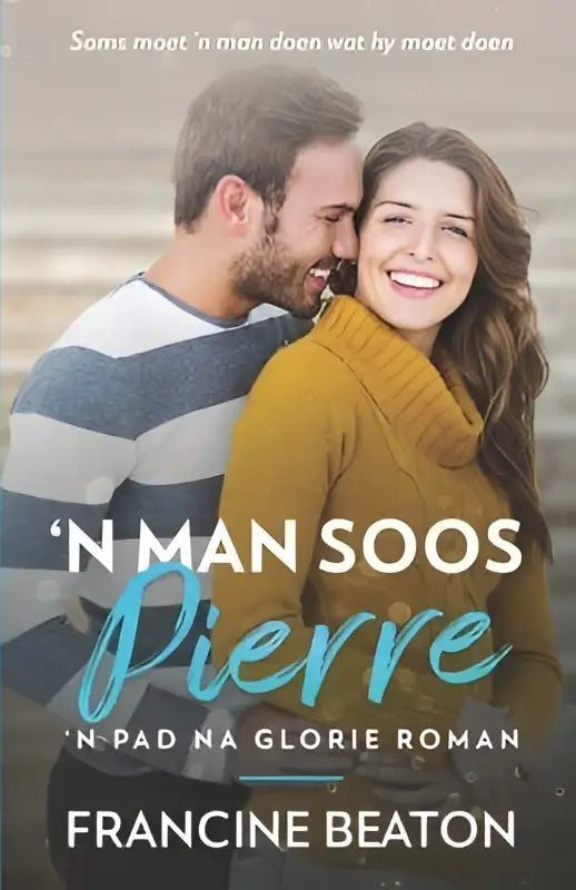 The book cover of n man soos pierre features a smiling woman in mustard yellow and a man in a striped shirt for a glorie roman