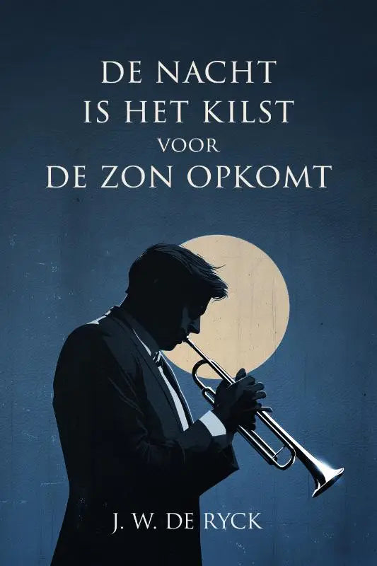 Een zilveren trompet vastgehouden door een silhouet in formele kleding tegen een donkere blauwe achtergrond bij zon opkomt