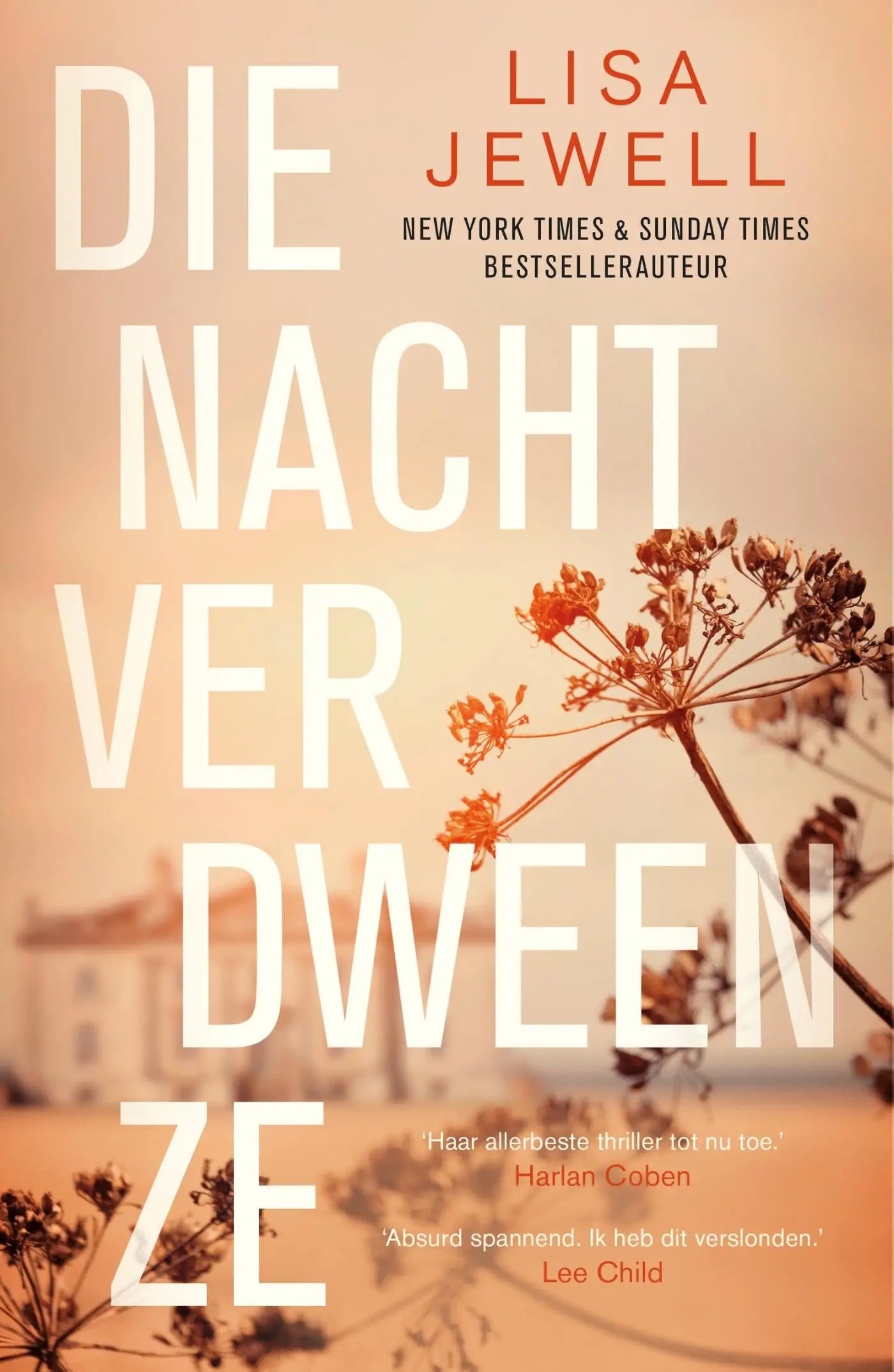 De boekcover van nacht verdween ze door lisa jewell toont een peach achtergrond met warme oranje gedroogde bloemen, nederlandstalige psychologische thriller