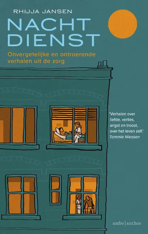De boekcover van Nachtdienst door Rhiija Jansen toont een teal illustratie van een gebouw met verlichte ramen