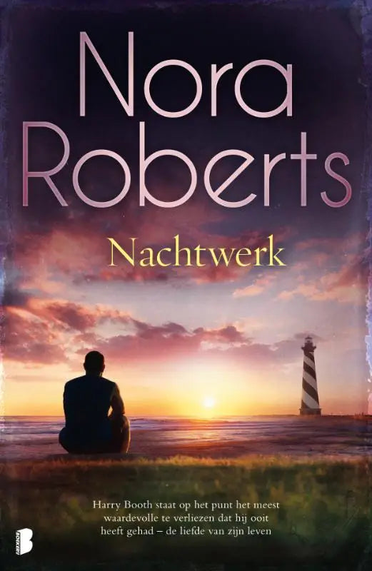 Boekcover van nachtwerk van nora roberts met een silhouet van harry booth die op het strand zit bij zonsondergang