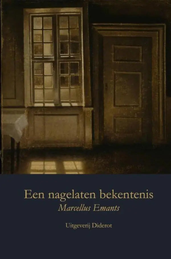 De boekomslag van een nagelaten bekentenis toont een sepia schildering van een interieur met raam en deur en blauwe tekst