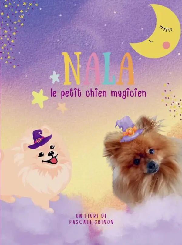 A whimsical children’s book cover of nala le petit featuring two fluffy pomeranians as witches against a dreamy sky