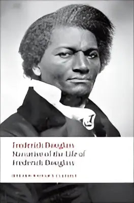 De narrative of the life of frederick douglass is een zwart-wit boek met een portret van frederick douglass en witte titeltekst