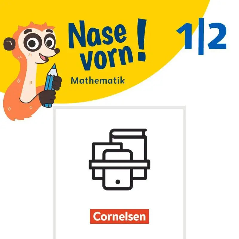 Gele en blauwe nase vorn basiskompetenzen mathe leerboekhoes met cartoonegel die potlood vasthoudt geometrie trainieren