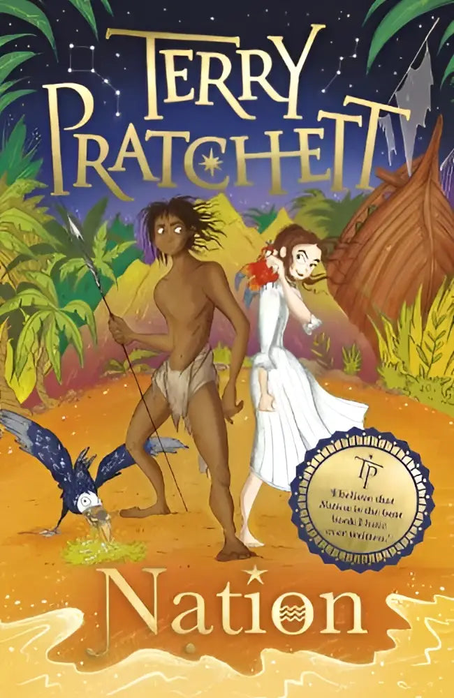 De cover van terry pratchetts boek nation toont een tropische scène met twee karakters en past bij teenage fiction over het eiland