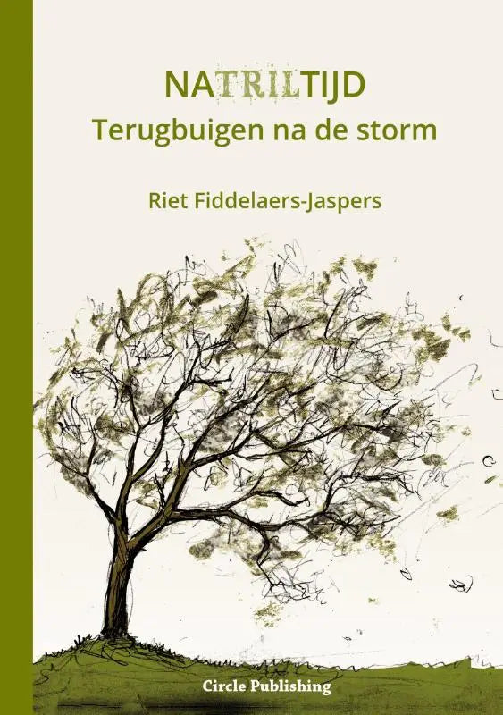 Illustratie van een gestileerde boom in zwart en olijfgroen op een crèmewitte omslag van natriltijd terugbuigen na de storm