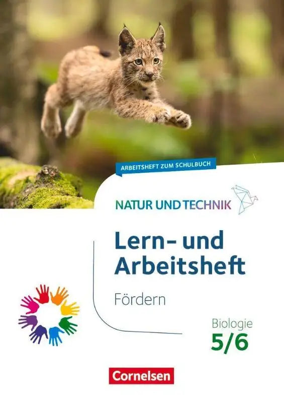 Cover van het leer- en werkboek natur und technik met een levendige foto van een jonge lynx kitten in volle sprong