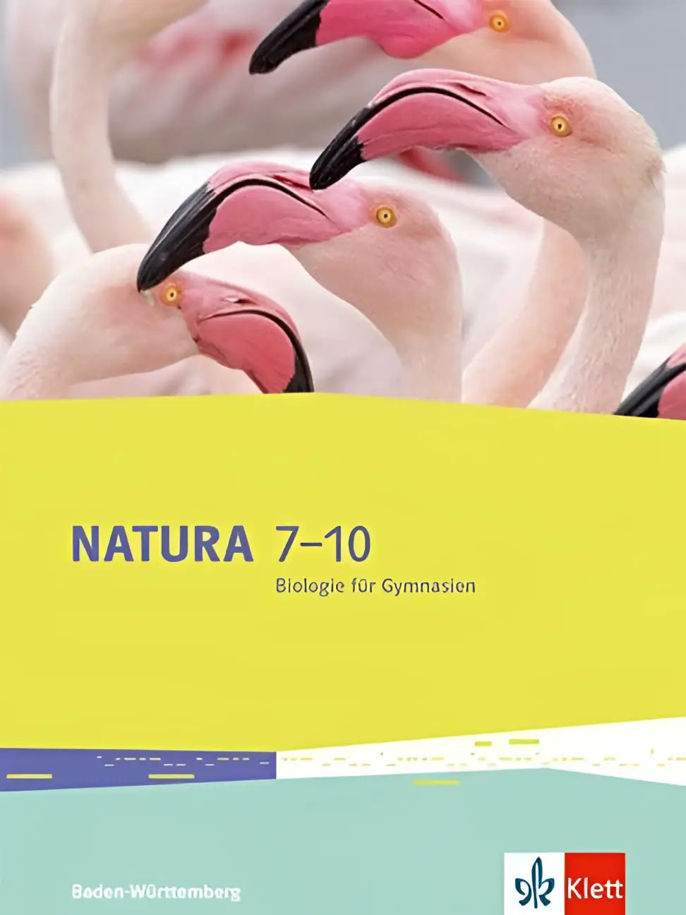 De cover van het natura biologie schulbuch klassen 7-10 toont roze flamingo’s op een geel achtergrond