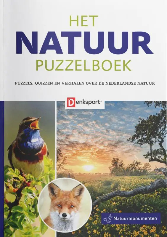 De cover van het natuur puzzelboek toont een blauwe en oranje vogel en een vos tegen een zonsondergang achtergrond