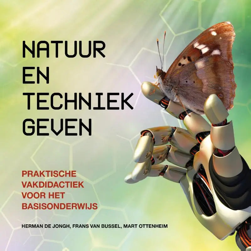 Een robotische hand met metalen gewrichten en zwarte bedrading houdt voorzichtig een bruine vlinder met witte vlekken vast in natuur en techniek geven van mart ottenheim
