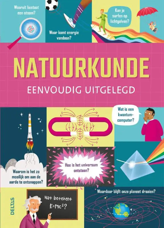 Vibrant roze en gele voorkant van natuurkunde eenvoudig uitgelegd door delta met kleurrijke illustraties op rasterachtergrond