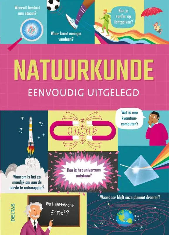 Vibrante roze en gele omslag van het nederlandse natuurkunde eenvoudig uitgelegd boek door delta met kleurrijke illustraties
