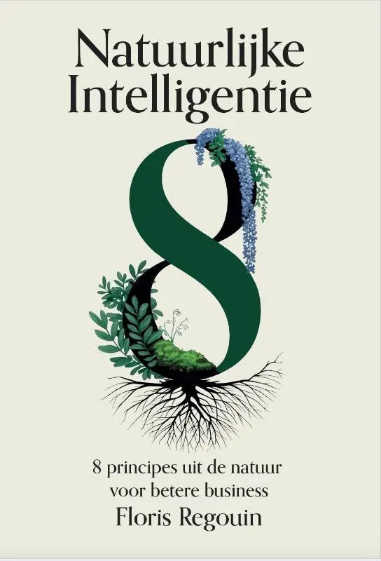 Het boek natuurlijke intelligentie toont een groene acht met paarse bloemen en bladeren op beige achtergrond