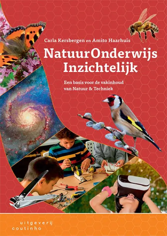 Rood boekomslag Natuuronderwijs inzichtelijk met vlinder, bij, vogel, melkweg, kinderen en gereedschap