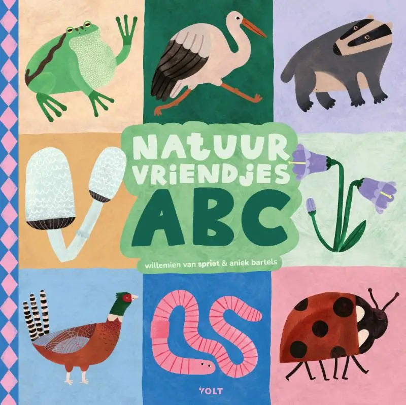 De kleurrijke omslag van het kinderboek natuurvriendjes abc toont speelse illustraties voor jonge lezers