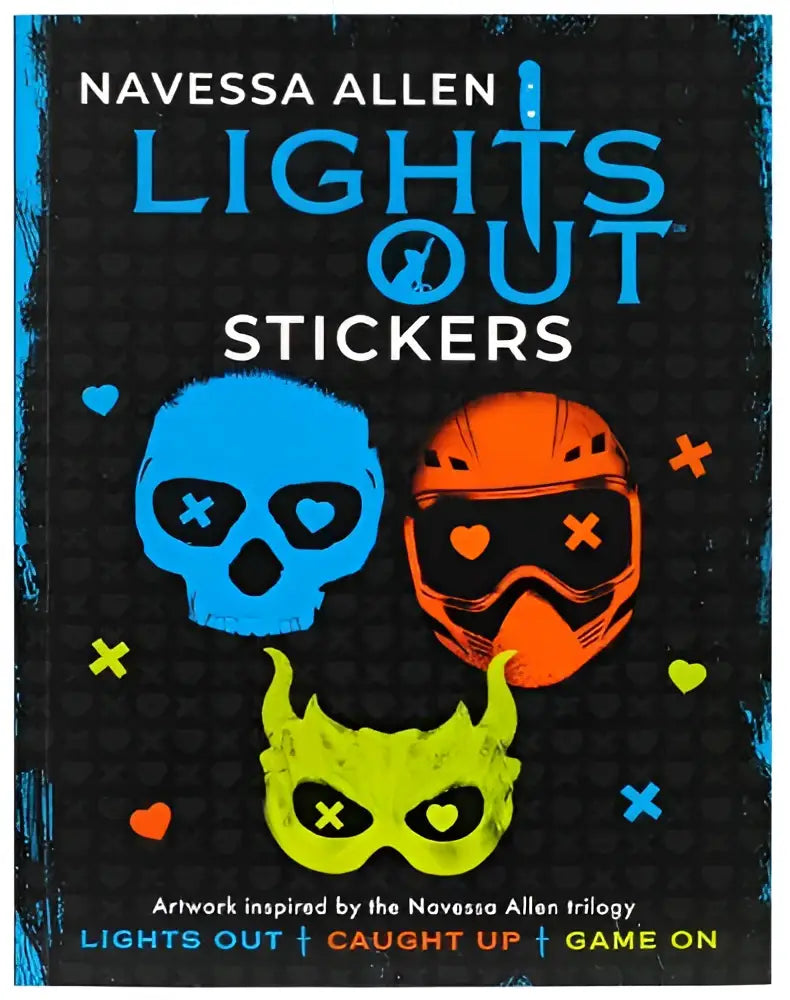 Blauwe, oranje en groene schedel- en helmstickers van navessa allen lights out op zwarte achtergrond
