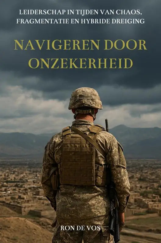 Een soldaat in camouflage met geweer en tactisch vest symboliseert leiderschap bij hybride dreiging