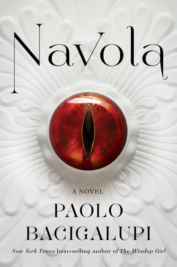 De boekcover van navola een roman toont een glanzend rood oog met zwarte spleetpupillen op een sierlijke witte achtergrond