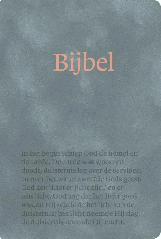 Soft gray textured nbv21 handbijbel cover with warm peach serif font bijbel and genesis 1 1-5 dutch text