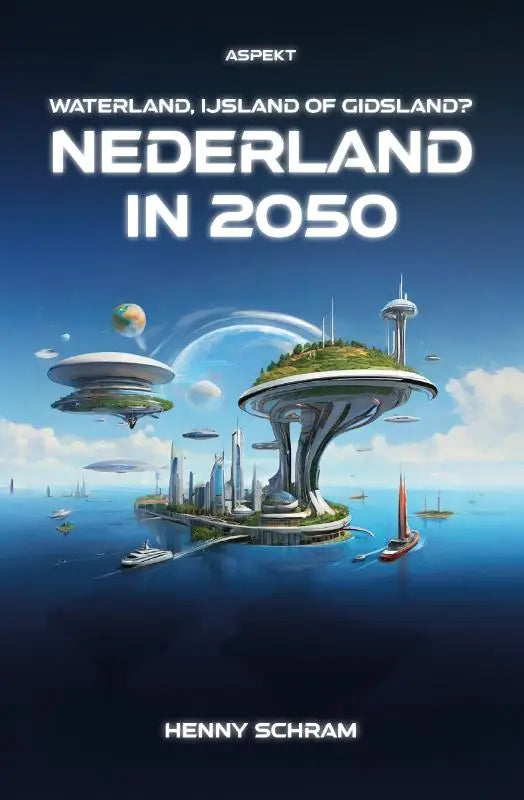 Futuristische zwevende eilandstad nederland in 2050 met metalen gebouwen en groen tegen een blauwe lucht background